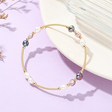 Nuggets Natural Cultured Freshwater Pearl & Brass Beaded Copper French Wired Bangles BJEW-JB13980-1