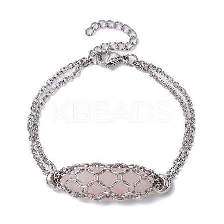 Natural Rose Quartz Bullet Link Bracelets BJEW-JB09813-01-1